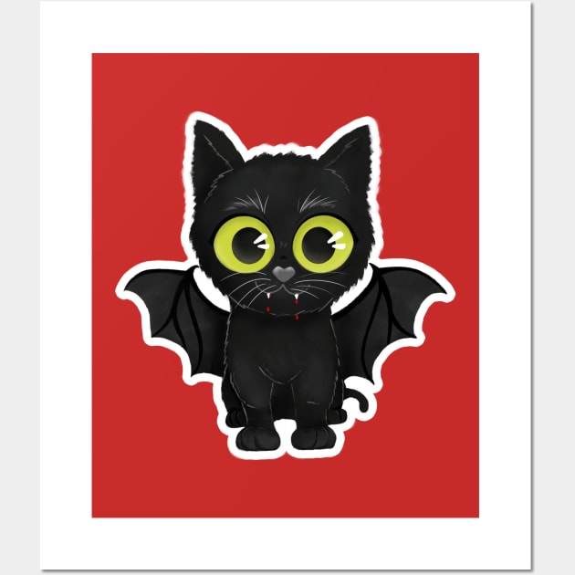 Scary cute cat bat - Halloween illustration Wall Art by illograph